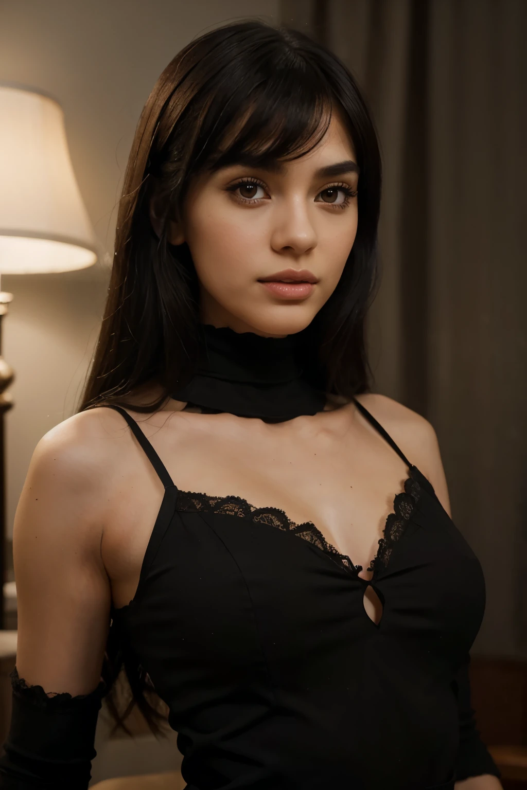 a beautiful blythe doll with slightly elongated and V-shaped face, slanted medium black eyes, eyebrows a little straight, medium, straight and black hair, light brown skin, jaw-length open bangs, intricate detailed portrait, realistic, photorealistic, photo-realistic, ultra-detailed, 8k, high quality, masterpiece, studio lighting, vivid colors, natural lighting, warm color tones, elegant, beautiful, charming