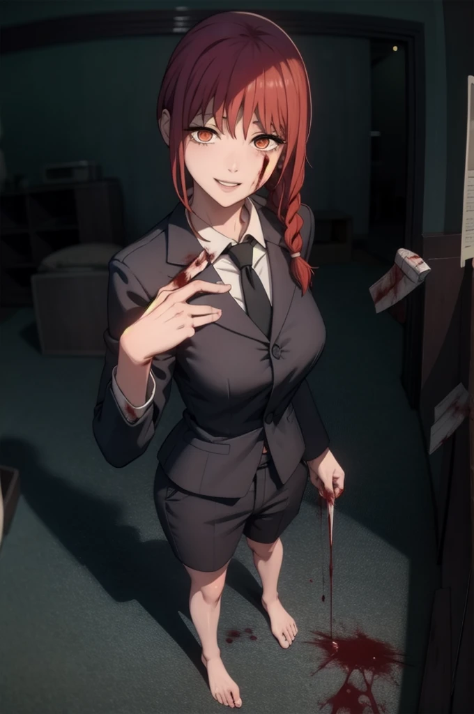 1girl, from_above, makima \(chainsaw man\), barefoot, (blood, blood from eyes, blood on face, blood on clothes, blood on ground:1.2), crack, cracked floor, (fisheye:1.2), white eyes, horror (theme), light bulb, locker, looking at viewer, parted lips, braided ponytail, red hair, collared white shirt, suit and tie, scenery, skinny, ringed eyes, smile, solo, standing, steam, masterpiece, best quality,