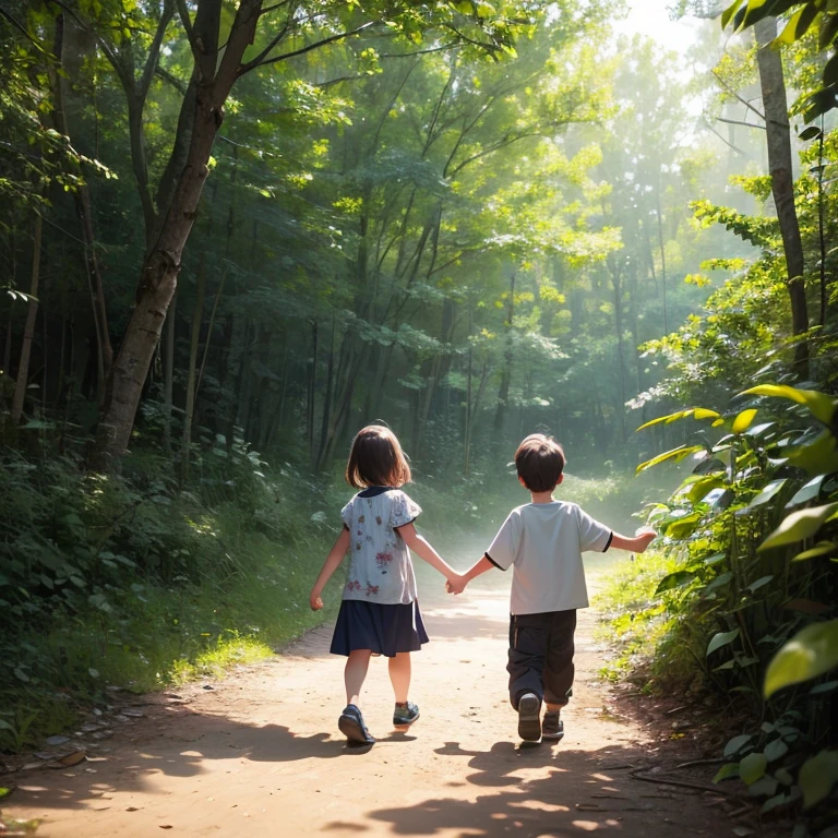 I have two children. 1 girl, 1 boy. The children are playing in the forest in summer.