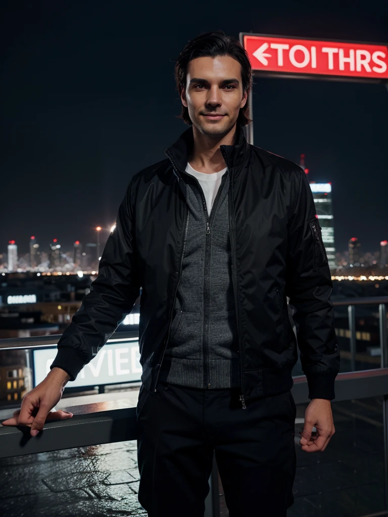 Create high quality photos, tall man with dark hair in a jacket , with dark hair and a slight smile, against the backdrop of the city at night, holding a sign “I choose millions on AI”