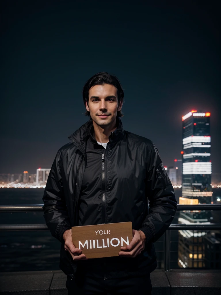 Create high quality photos, tall man with dark hair in a jacket ,  with dark hair and a slight smile, against the backdrop of the city at night, holding a sign “I choose millions on AI”