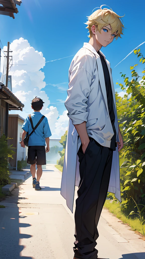 With a blue sky as a background、Mr.々Please draw a picture of a scene of an adventure.。In the center is、She has short black hair and green eyes、With Len, a boy dressed in casual adventure clothes、She has short blonde hair and blue eyeinato, a young man in a white robe、Standing on a white cloud。Behind Ren and Minato、彼らの冒険の軌跡を象徴するMr.々The scene is depicted。
The blue sky and white clouds envelop the whole、Try to exude an atmosphere of hope and adventure.。
