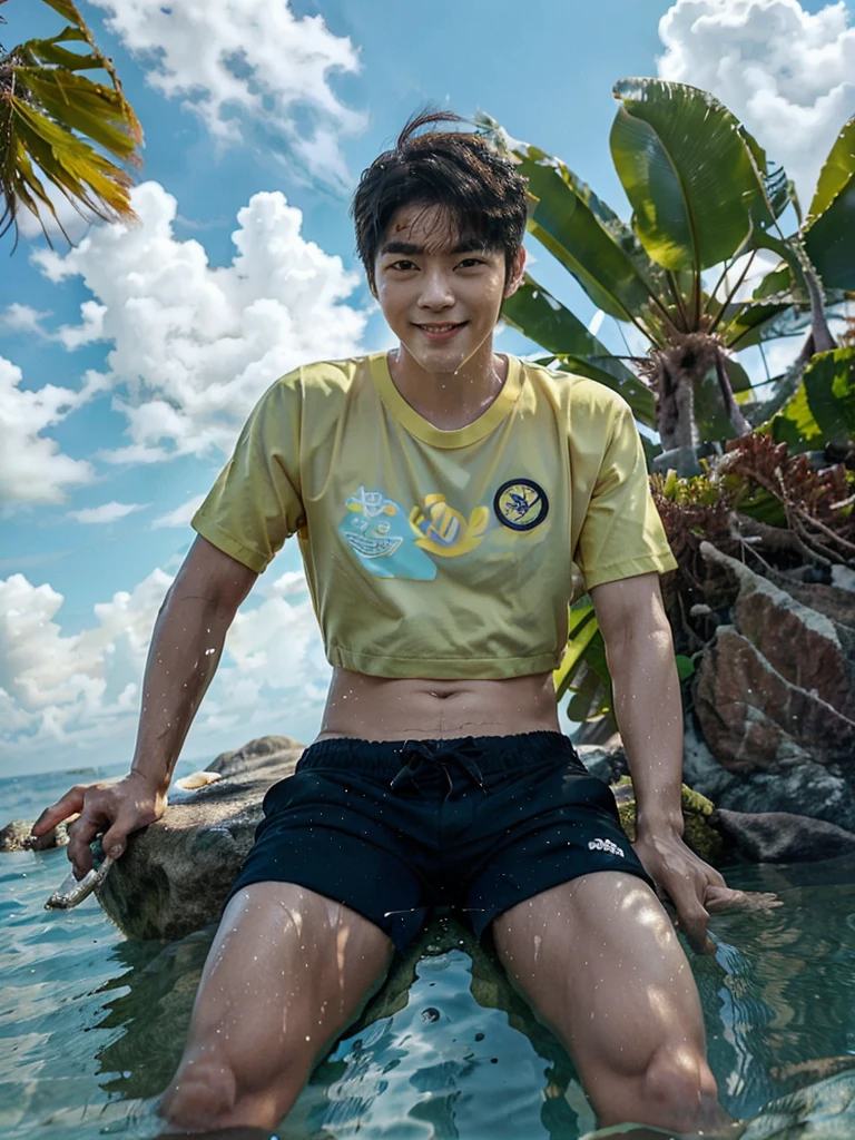 medium shot, a cute korean man wearing a yellow t-shirt with beach logo and black shorts, smiling and sitting on a big rock, feet submerged in water on the beach with a background of choppy sea water, coconut trees, bright blue sky and white clouds