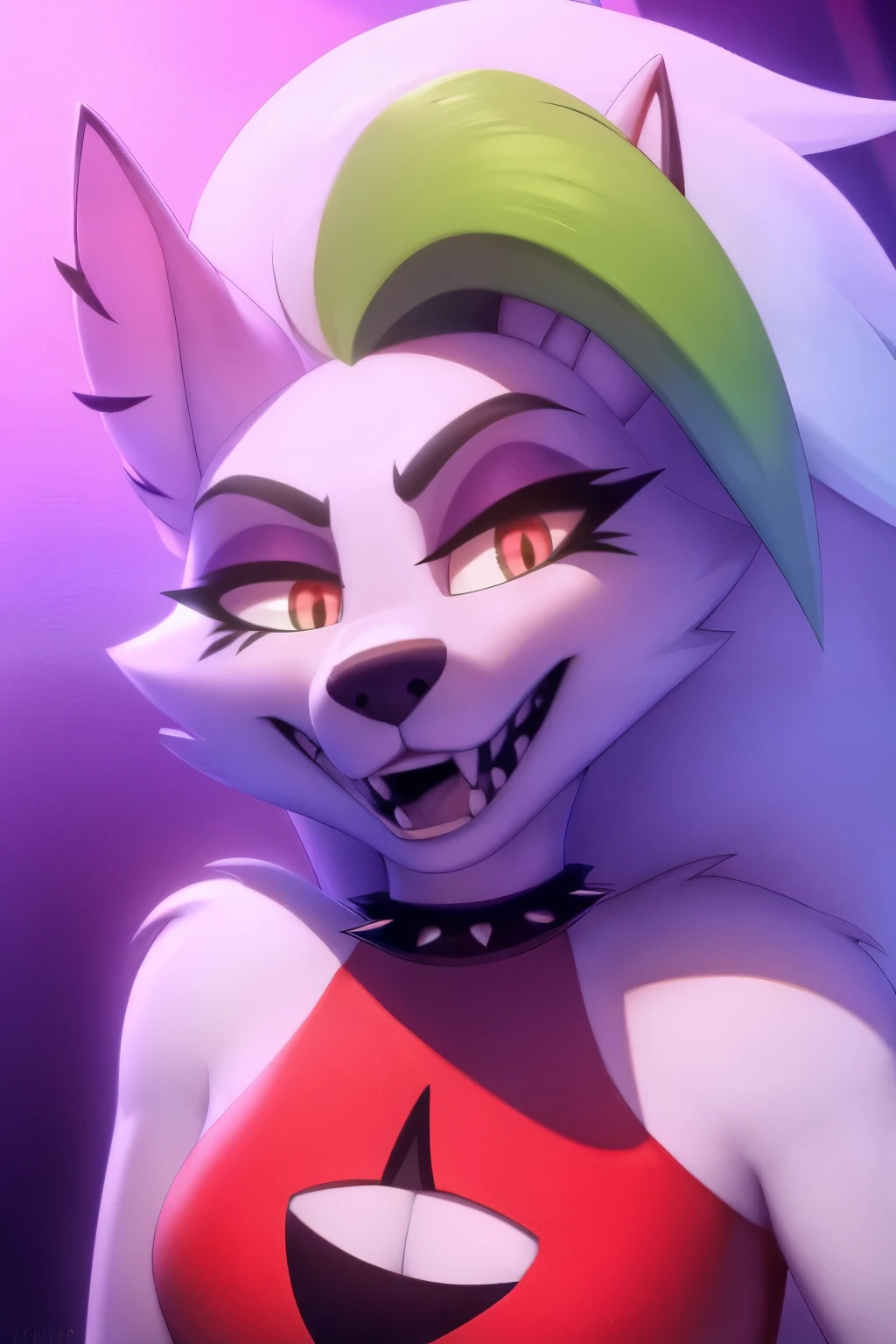 a highly detailed, photorealistic, 8k illustration of a furry female character with body fur, wearing sexy clothes, makeup, and perfect proportions, fused with the characters Roxanne, Loona, and queen, masterpiece, ultra-detailed, vivid colors, physically-based rendering, sharp focus, studio lighting, professional