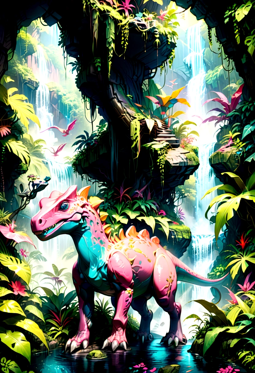 (Pink Dinosaur), the image mainly depicts a pink dinosaur shuttling through a tropical rainforest, surrounded by colorful vegetation and waterfalls. The skin surface reflects a moist luster, with a tropical rainforest background, (Photography), award-winning, cinematic still, emotional, vignette, dynamic, vivid, (masterpiece, best quality, Professional, perfect composition, very aesthetic, absurdres, ultra-detailed, intricate details:1.3)