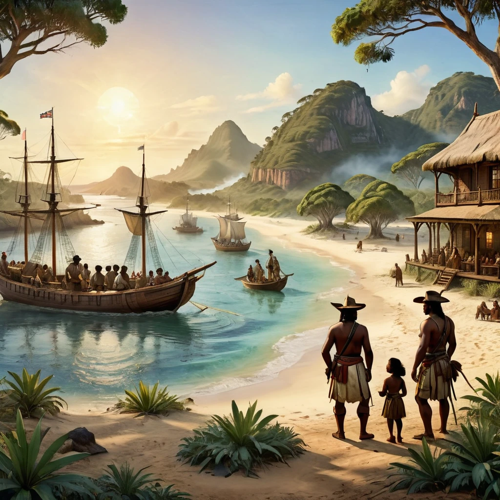 Australia in 1788 during the first colonization meeting, with indigenous Australians interacting with British settlers. Capture the scene with maximum quality and realistic style, highlighting coastlines and bays in a highly detailed landscape. Lighting should be soft and natural, reflecting the dawn sun on the water. Use 4K resolution to ensure sharpness, with a beautiful bokeh effect that subtly blurs the background to focus attention on the characters and details in the foreground. Add detailed textures to vegetation and water, as well as authentic facial expressions and clothing for both groups, creating an immersive and authentic atmosphere of this historical moment.