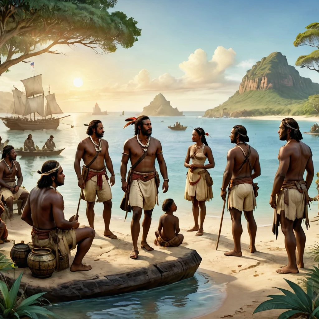 Australia in 1788 during the first colonization meeting, with indigenous Australians interacting with British settlers. Capture the scene with maximum quality and realistic style, highlighting coastlines and bays in a highly detailed landscape. Lighting should be soft and natural, reflecting the dawn sun on the water. Use 4K resolution to ensure sharpness, with a beautiful bokeh effect that subtly blurs the background to focus attention on the characters and details in the foreground. Add detailed textures to vegetation and water, as well as authentic facial expressions and clothing for both groups, creating an immersive and authentic atmosphere of this historical moment.