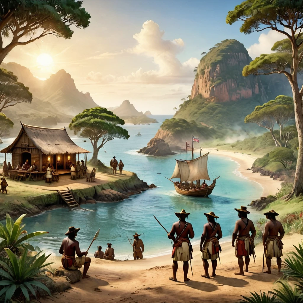 Australia in 1788 during the first colonization meeting, with indigenous Australians interacting with British settlers. Capture the scene with maximum quality and realistic style, highlighting coastlines and bays in a highly detailed landscape. Lighting should be soft and natural, reflecting the dawn sun on the water. Use 4K resolution to ensure sharpness, with a beautiful bokeh effect that subtly blurs the background to focus attention on the characters and details in the foreground. Add detailed textures to vegetation and water, as well as authentic facial expressions and clothing for both groups, creating an immersive and authentic atmosphere of this historical moment.