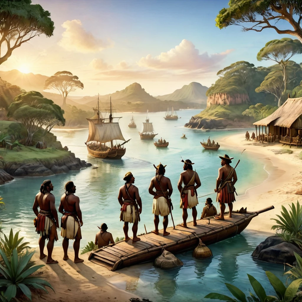 Australia in 1788 during the first colonization meeting, with indigenous Australians interacting with British settlers. Capture the scene with maximum quality and realistic style, highlighting coastlines and bays in a highly detailed landscape. Lighting should be soft and natural, reflecting the dawn sun on the water. Use 4K resolution to ensure sharpness, with a beautiful bokeh effect that subtly blurs the background to focus attention on the characters and details in the foreground. Add detailed textures to vegetation and water, as well as authentic facial expressions and clothing for both groups, creating an immersive and authentic atmosphere of this historical moment.