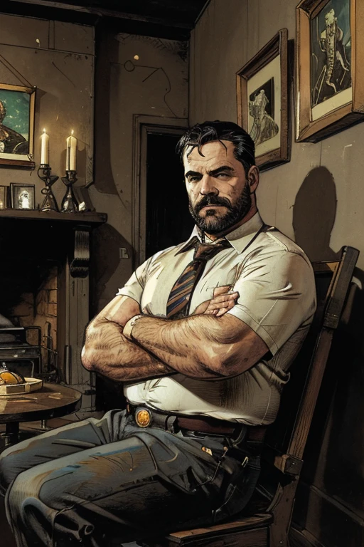 close 1 man in(handsome mature man, plumpness, morbid, extremely thick thighs, bulging belly fat), older man, gray hair, white male, ( dressing,booties,stubbles,Police Chief,to roast,Barba,Geezer,Inside the house,necktie,sitting down,legs spread open,), protuberance, clearing detailed in clothes, (fat and corpulent: 1.3), full Barba very long, gazing at viewer, handsome man, detailedeyes, symmetrical face, mischievous grin, chunky, whisker, longer hair, your body is lying on its side on the floor, from front view.), (crossing your arms: 1.22), (detailed living room background:1.1), on a sofa, chilling, textures 4k, smooth light, chic, highy detailed, sharp focus, calming hues, insane details, details Intricate, hyperdetailed, low-contrast, Exposure Mix, hdr, missing、detailed facial expressions、(work of art),highest quallity,excellent anatomy、、general dark atmosphere,Chubby cowboy with big fat belly, standing shirtless in a barn full of hay, wearing blue jeans and cowboy boots. (( In the style of Adrian Ghenie, Esau Andrews, Jenny Saville, Edward Hopper, Surrealism, Dark Art par James Jean, Takato Yamato, Minimalism inkpunk))