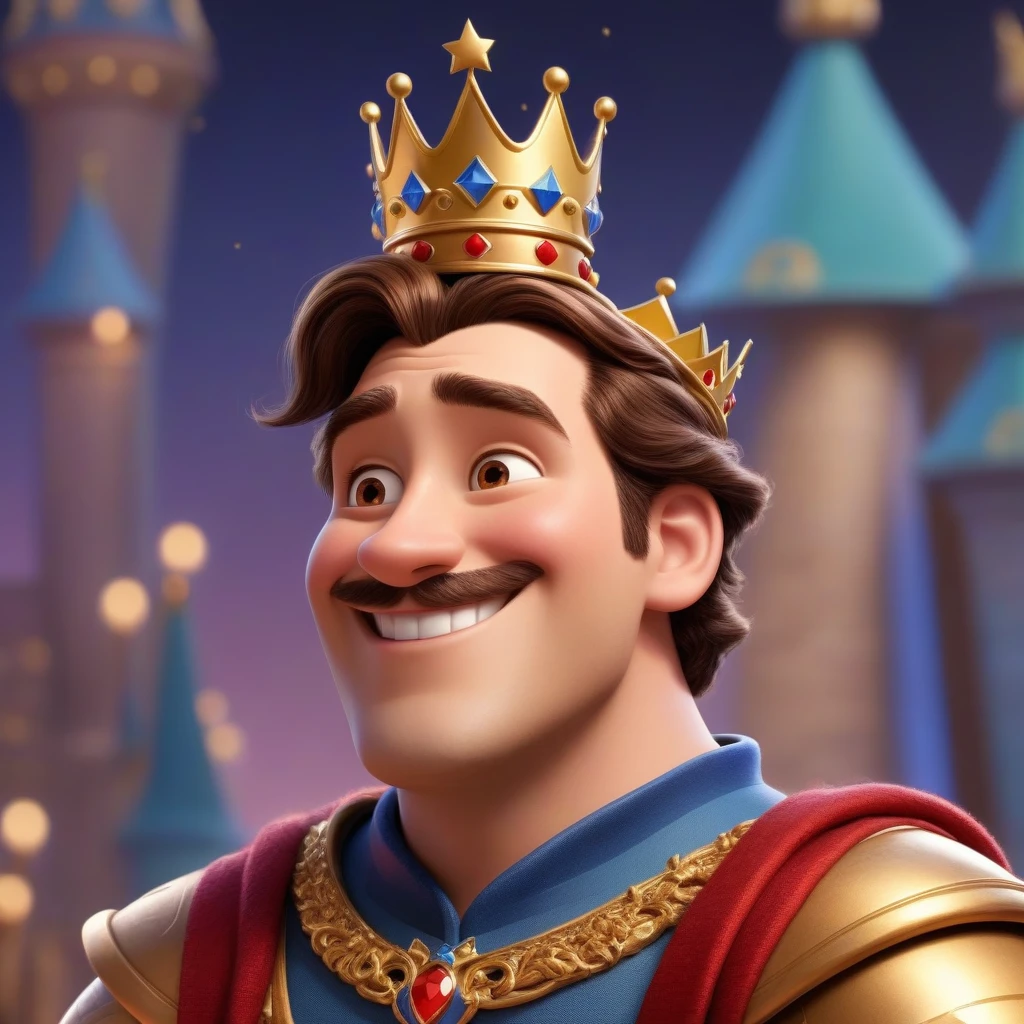 The character is a king, вдохновленный Disney Pixar, He wears a crown, smiling, (side view) and view from the front