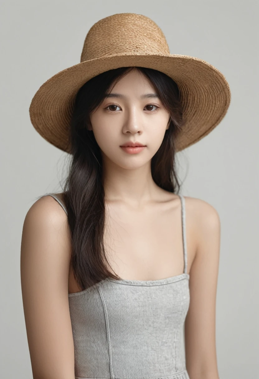 Naked woman with hat, 16 years old, full body shot, high resolution, realistic photo style.