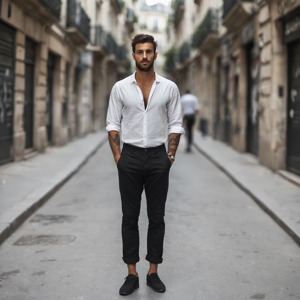 beau,masculin,israélien,Homme dans les rue de paris en style décontracté pantalon noir et chemise blanche légèrement ouverte