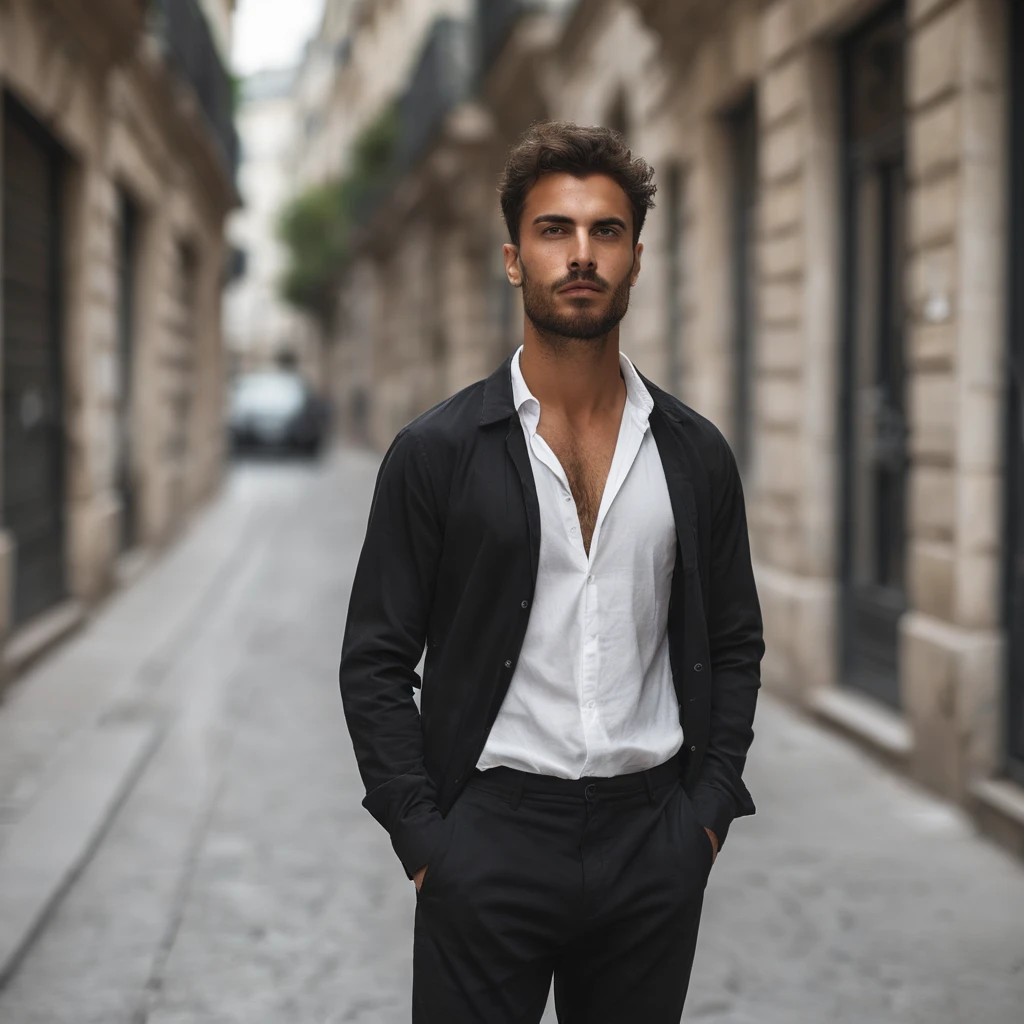 beau,masculin,israélien,Homme dans les rue de paris en style décontracté pantalon noir et chemise blanche légèrement ouverte