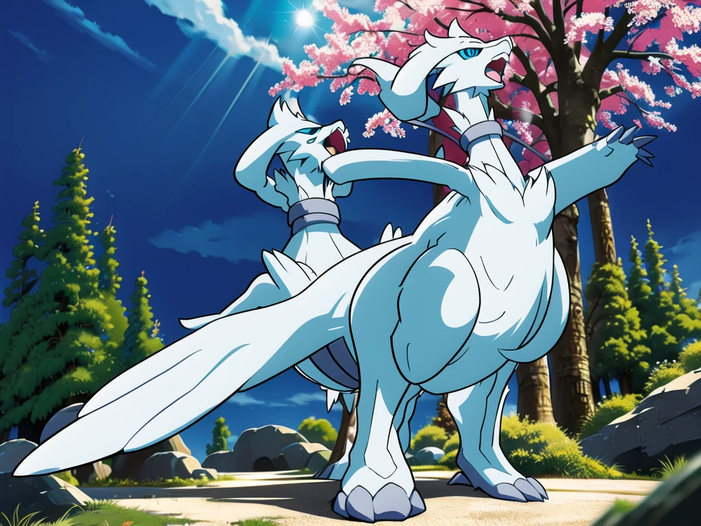 reshiram, anime, looking up, arms up, open mouth, tongue, full body, facing viewer, standing, sky, outdoors, forest, tree, bush