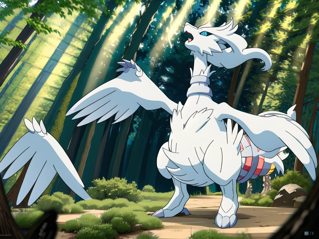 reshiram, anime, looking up, arms up, open mouth, tongue, full body, facing viewer, standing, sky, outdoors, forest, tree, bush