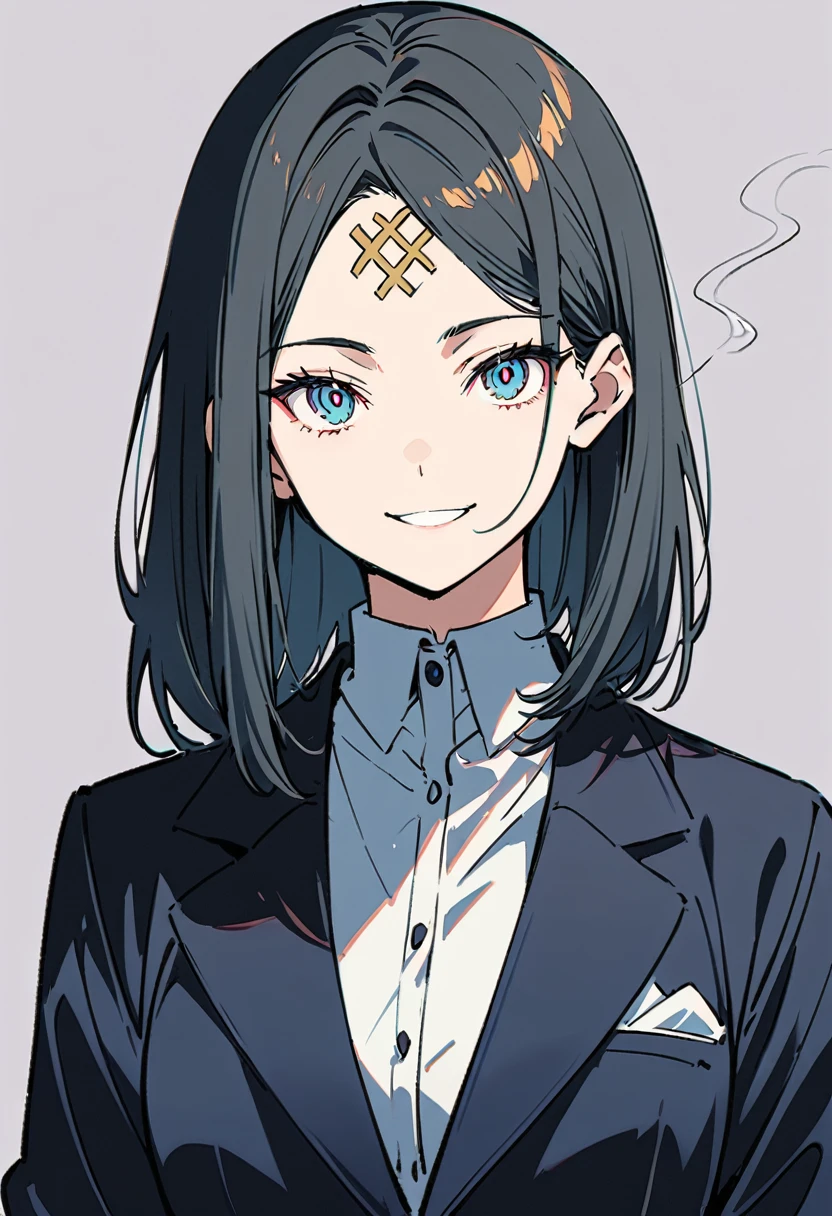 a woman in a suit, looking at viewer with sharp eyes, she is smoking, beautiful, Smiles, blue eyes and short, black hair, hair bangs on the forehead, front view