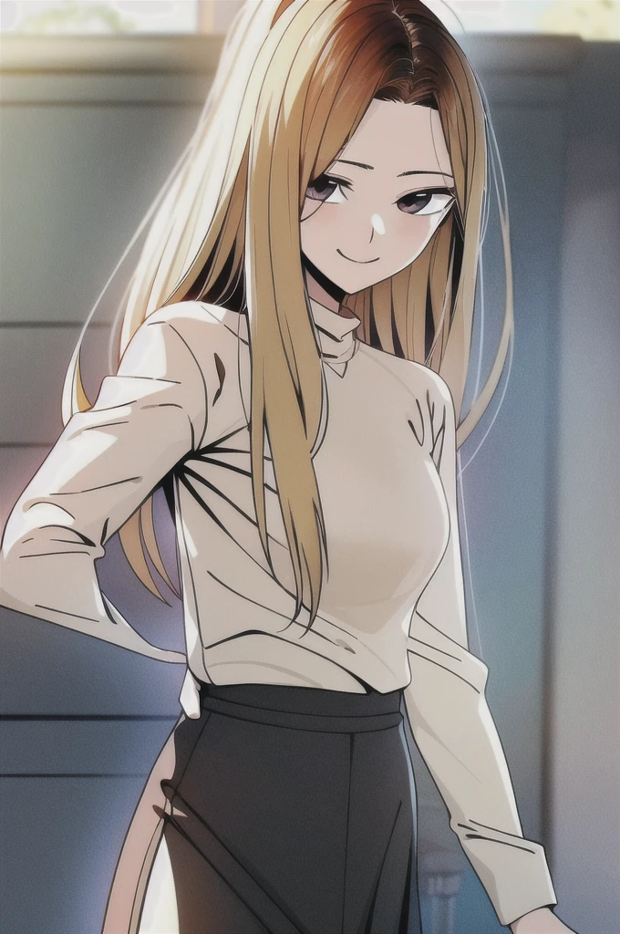 masterpiece, (best quality), 1woman,1girl , han jia, long hair, blonde hair, brown eyes, shirt, short sleeves, shorts, Korean , sexy woman, adult, smile, vibrant colors ,,natural lighting ,RTX, , beautiful, (detailed face:1.2), showcase, (perfect eyes:1.1) ,(photorealistic:1.1), 8K UHD, looking at viewer, outdoors, simple backround、Beige ribbed long sleeve shirt、Black tight long skirt