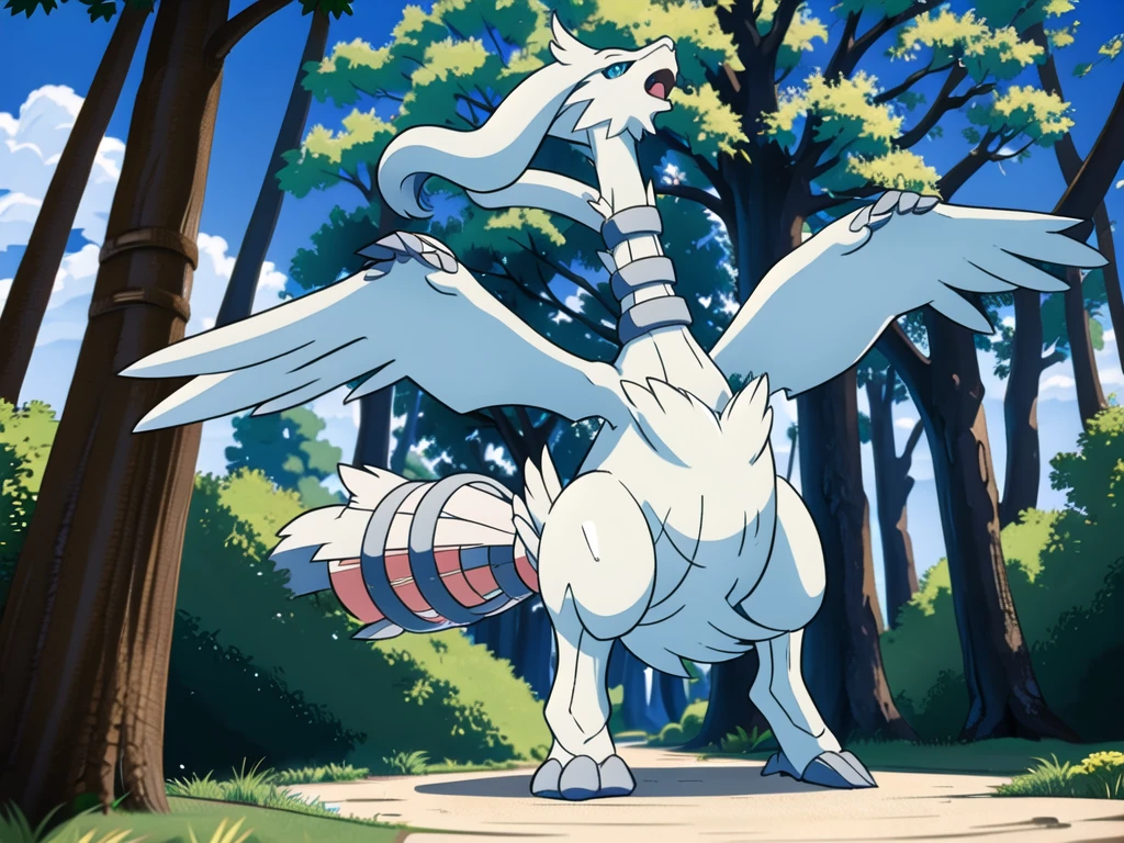 reshiram, anime, looking up, arms up, open mouth, tongue, full body, facing viewer, standing, sky, outdoors, forest, tree, bush