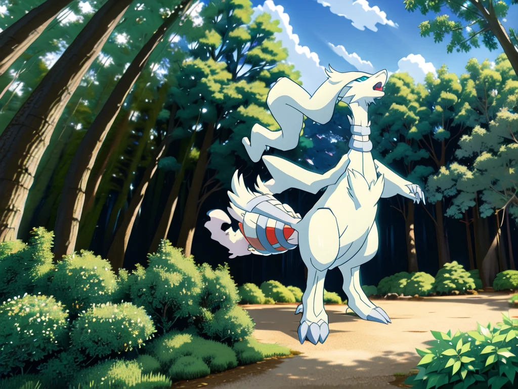 reshiram, anime, looking up, arms up, open mouth, tongue, full body, facing viewer, standing, sky, outdoors, forest, tree, bush