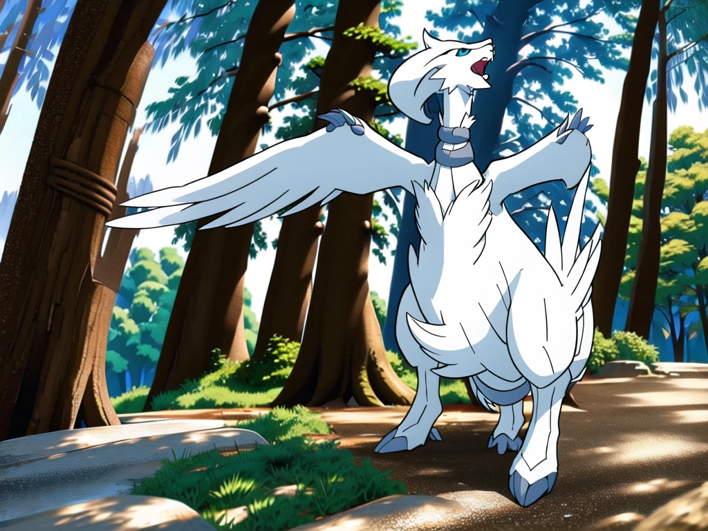 reshiram, anime, looking up, arms up, open mouth, tongue, full body, facing viewer, standing, sky, outdoors, forest, tree, bush