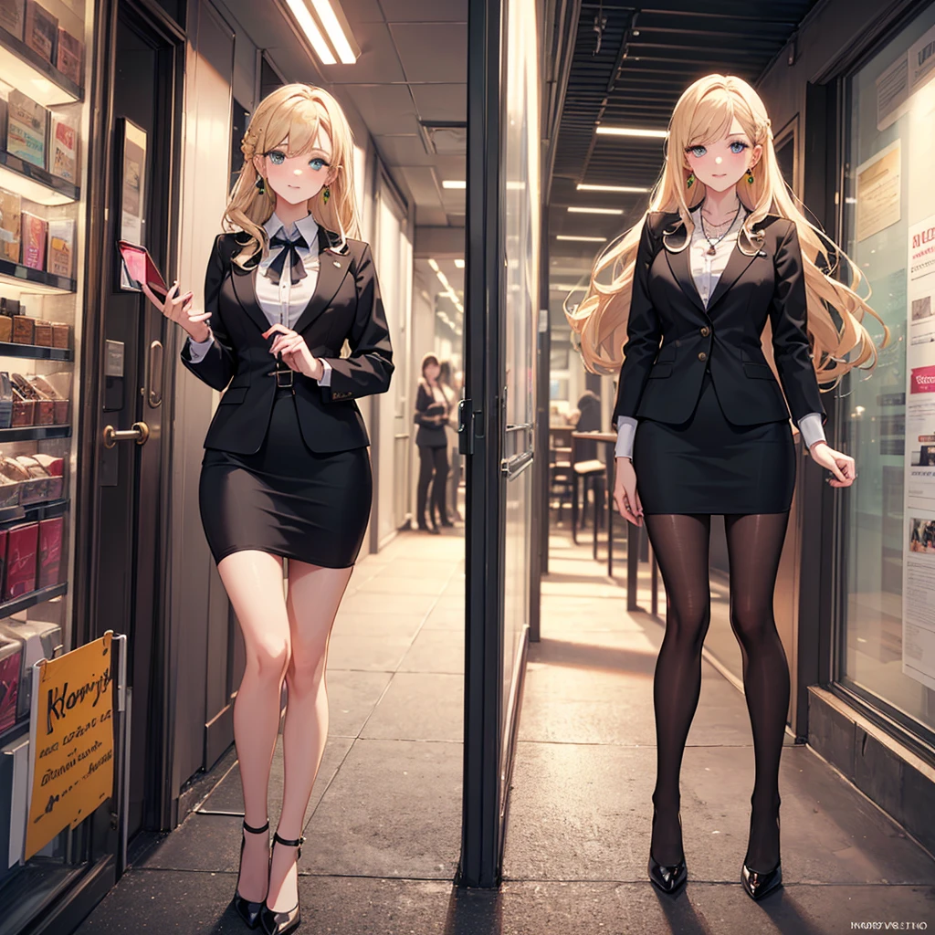 ((({best quality}, {{masterpiece}}, {highres}, original, extremely detailed 8K wallpaper, 1girl, {an extremely delicate and beautiful},))),((cityscape)),solo,1girl, {an extremely delicate and beautiful},long_hair,blonde_hair,half updo,green_eyes,smile,((standing))sweet smile,((beautiful detailed eyes)),office lady suit,sheath dress,pantyhose,high heels,ribbon,earrings,necklace,