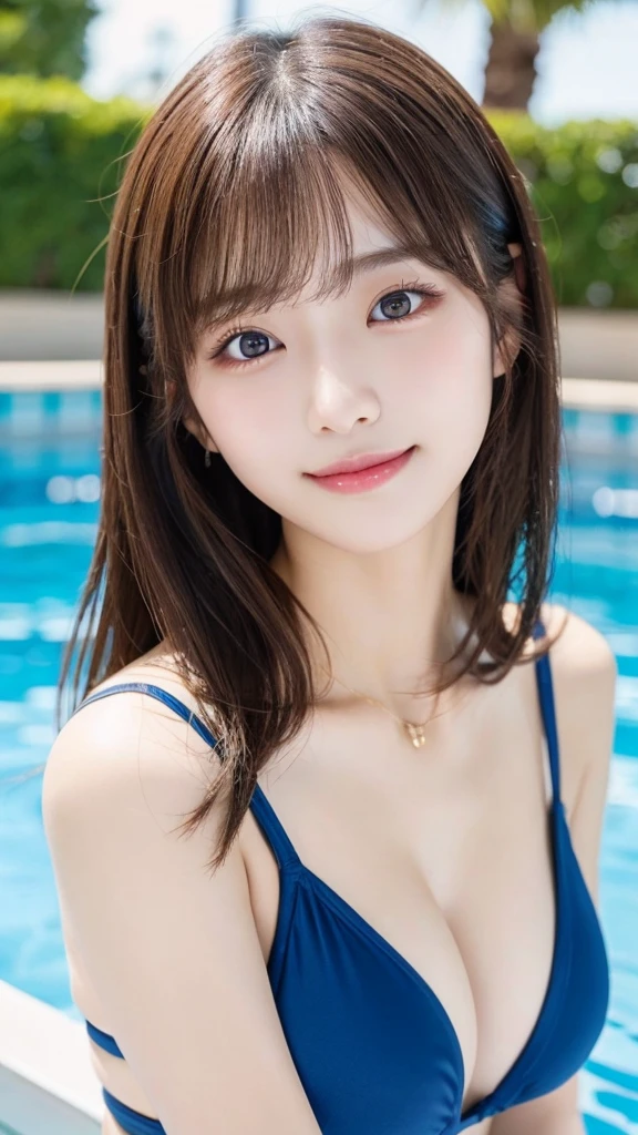 table top, highest quality, shape, Super detailed, finely, High resolution, 16K, perfect dynamic composition, straight hair, medium hair, brown hair,Natural color lip, smile, 20 year old girl、cute、beautiful、Perfect and beautiful face, beautiful and detailed face, slim face and body, Elegant Face, KPOP idol face、Japanese idol faces、small face、Big eyes, brown eyes, droopy eyes, Dense and beautiful eyes, girl, no bangs, swimsuit、pool、swim