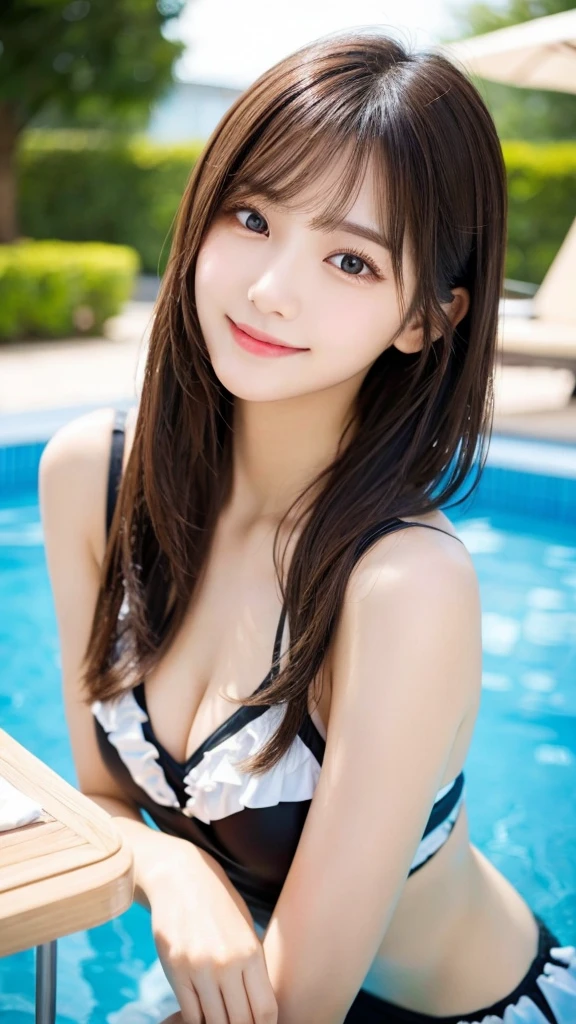 table top, highest quality, shape, Super detailed, finely, High resolution, 16K, perfect dynamic composition, straight hair, medium hair, brown hair,Natural color lip, smile, 20 year old girl、cute、beautiful、Perfect and beautiful face, beautiful and detailed face, slim face and body, Elegant Face, KPOP idol face、Japanese idol faces、small face、Big eyes, brown eyes, droopy eyes, Dense and beautiful eyes, girl, no bangs, swimsuit、pool、swim