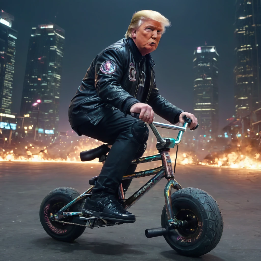 biomechanical cyberpunk Donald Trump as cyborg riding mini bmx, nighttime city,  explosion, bubblegum, sheenbomb, sheen, Discoball, from front view,, . cybernetics, man-machine fusion, dystopian, organic meets artificial, tenebrosa, intricate, highy detailed