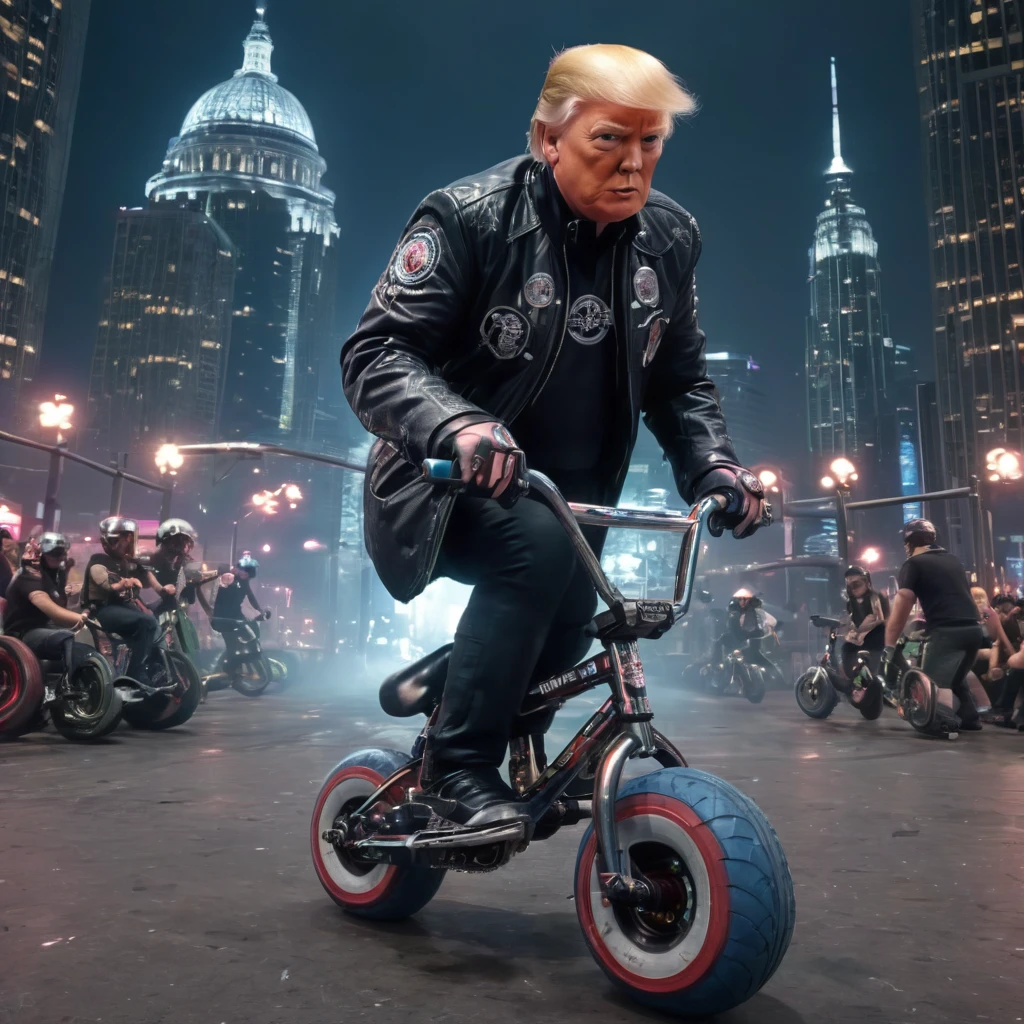 biomechanical cyberpunk Donald Trump as cyborg riding mini bmx, nighttime city,  explosion, bubblegum, sheenbomb, sheen, Discoball, from front view,, . cybernetics, man-machine fusion, dystopian, organic meets artificial, tenebrosa, intricate, highy detailed