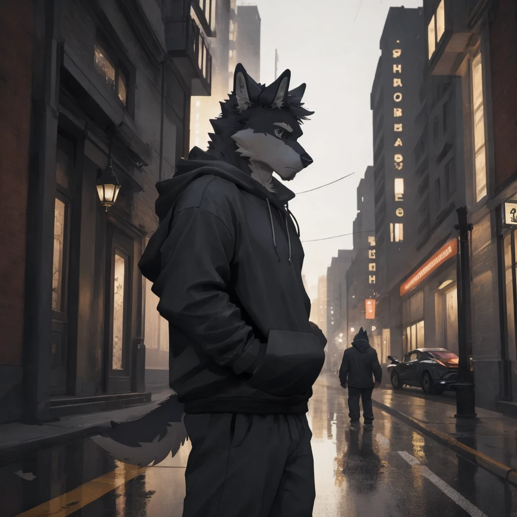 Male, males, wolf, black fur, white fur, short hair, 20 years old, hoodie, night, public, city streets, Lamborghini Aventador, rain, water drops, dramatic effect, dramatic light, shadow, shade, higlight, high quality, high details, High detailed image, high quality image, Very detailed shadows, high detail shadows, high details 