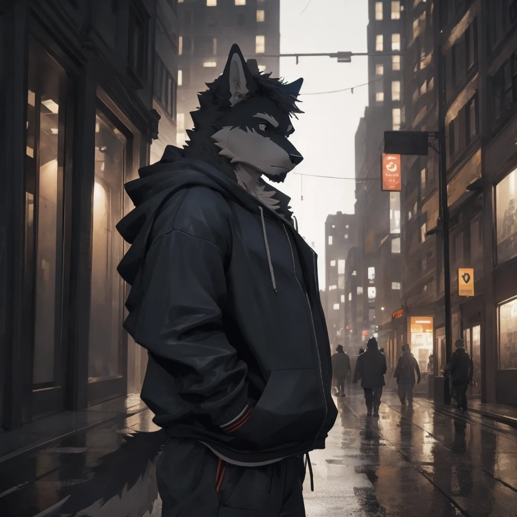 Male, males, wolf, black fur, white fur, short hair, 20 years old, hoodie, night, public, city streets, Lamborghini Aventador, rain, water drops, dramatic effect, dramatic light, shadow, shade, higlight, high quality, high details, High detailed image, high quality image, Very detailed shadows, high detail shadows, high details