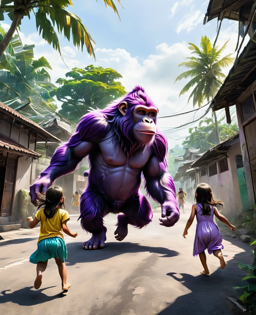 A giant, scary purple monkey chasing two helpless little girls 