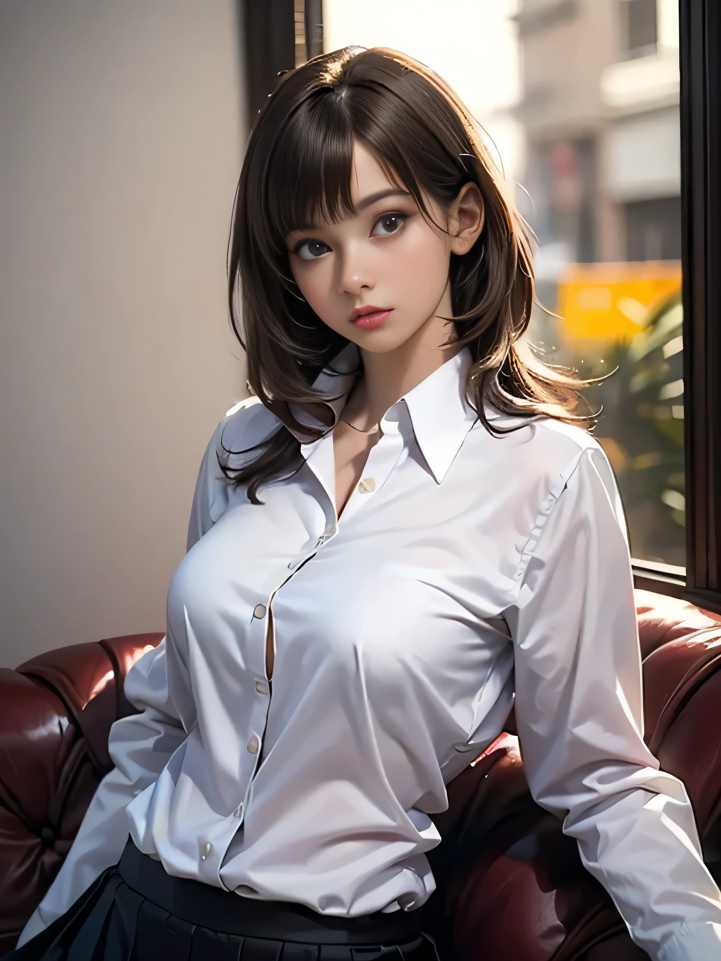 (photorealistic:1.5),(Realistic:1.5),(solo, one girl:1.5),(ultimate beautiful girl:1.5),(light brownHair:1.3),(sweet smelling girl),(virgin girl:2.0),chuuChloe,(cool:1.5),(Sexy lips),(large eyes),(formal shirt:1.5),(skirt),(Bangs hide the eyes)
