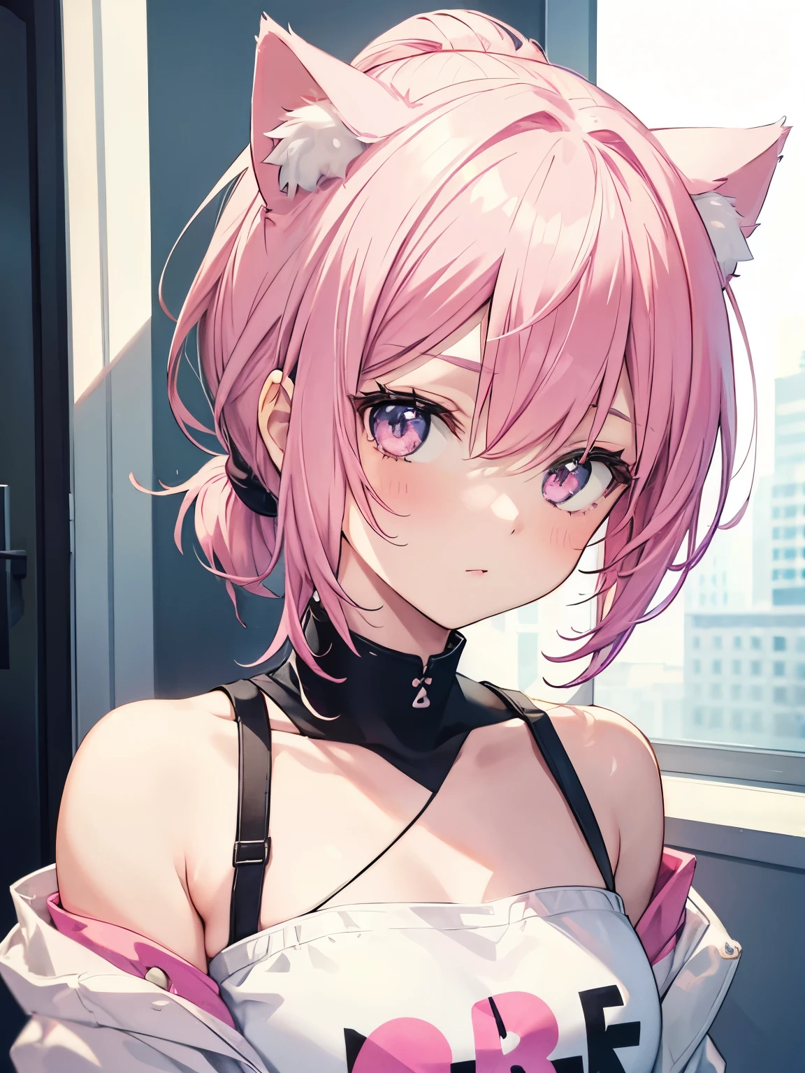 1girl, cat ears, pink short hair in ponytail, facing camera, upper body portrait,