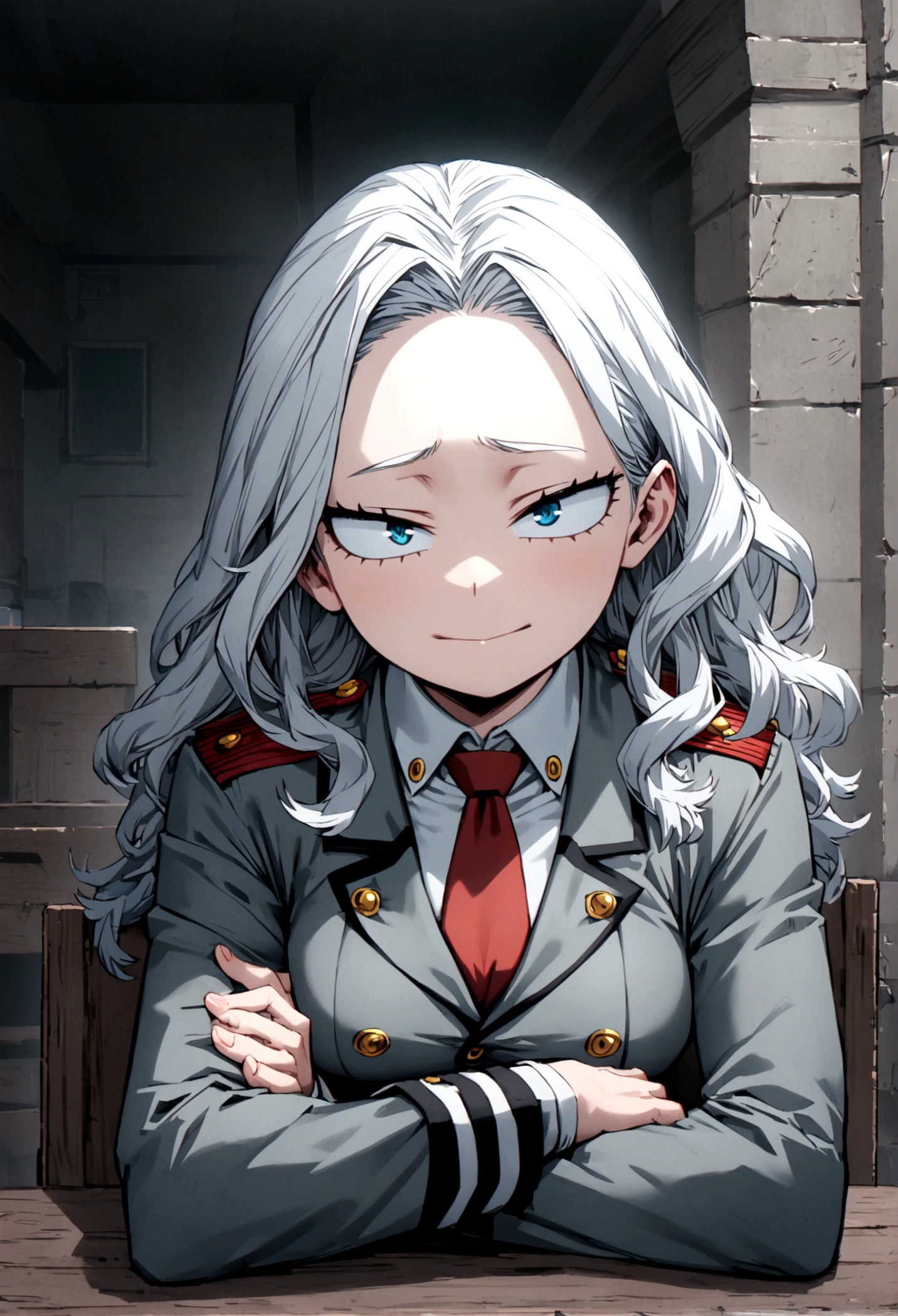 Screenshot of boku no hero academia, beautiful woman, slanted eyes, light blue eyes, long wavy hair, white hair with red highlights, gray jacket uniform with red tie, sitting at a table, friendly expression on the face, looking to the camera