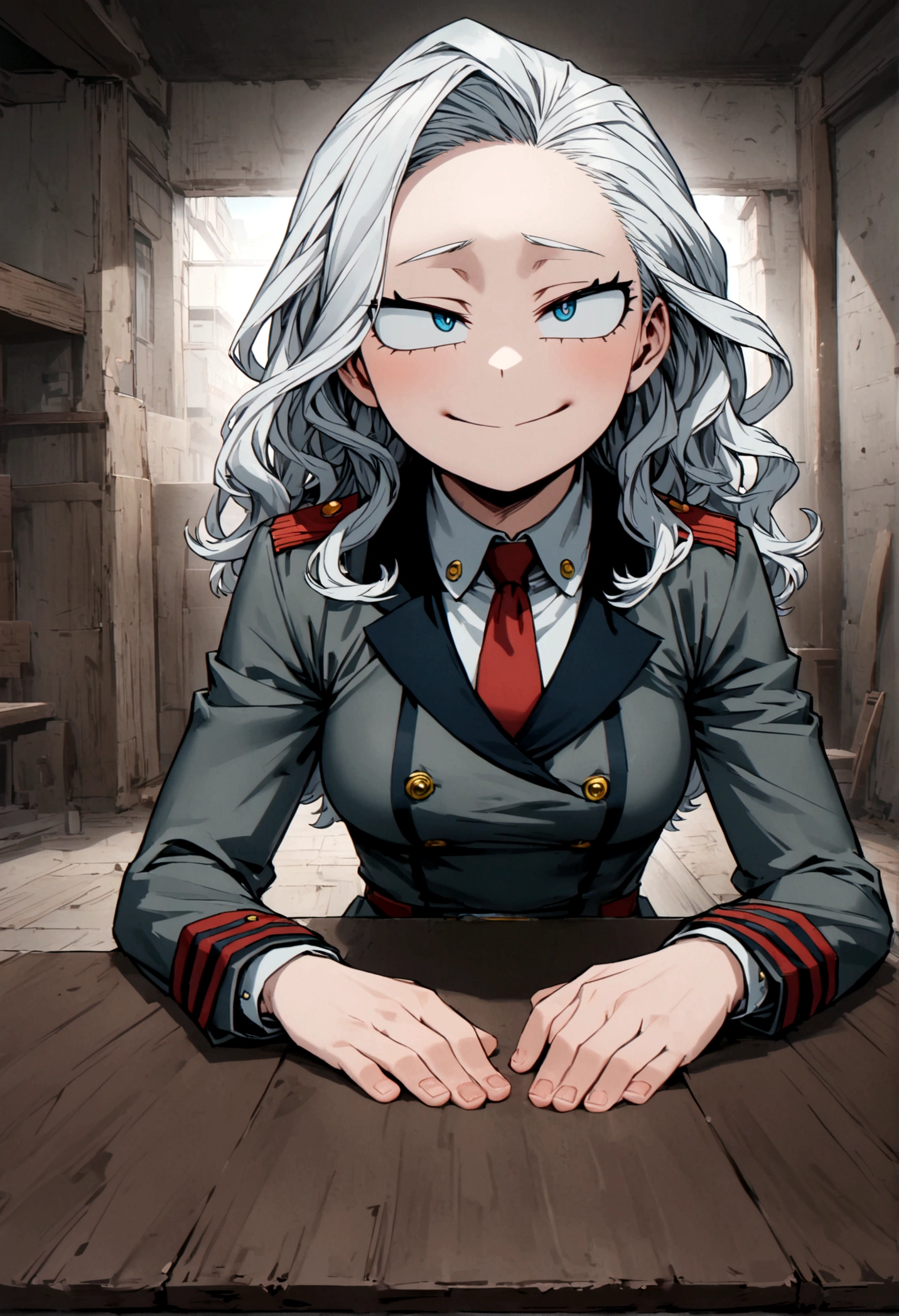 Screenshot of boku no hero academia, beautiful woman, slanted eyes, light blue eyes, long wavy hair, white hair with red highlights, gray jacket uniform with red tie, sitting at a table, friendly expression on the face, looking to the camera