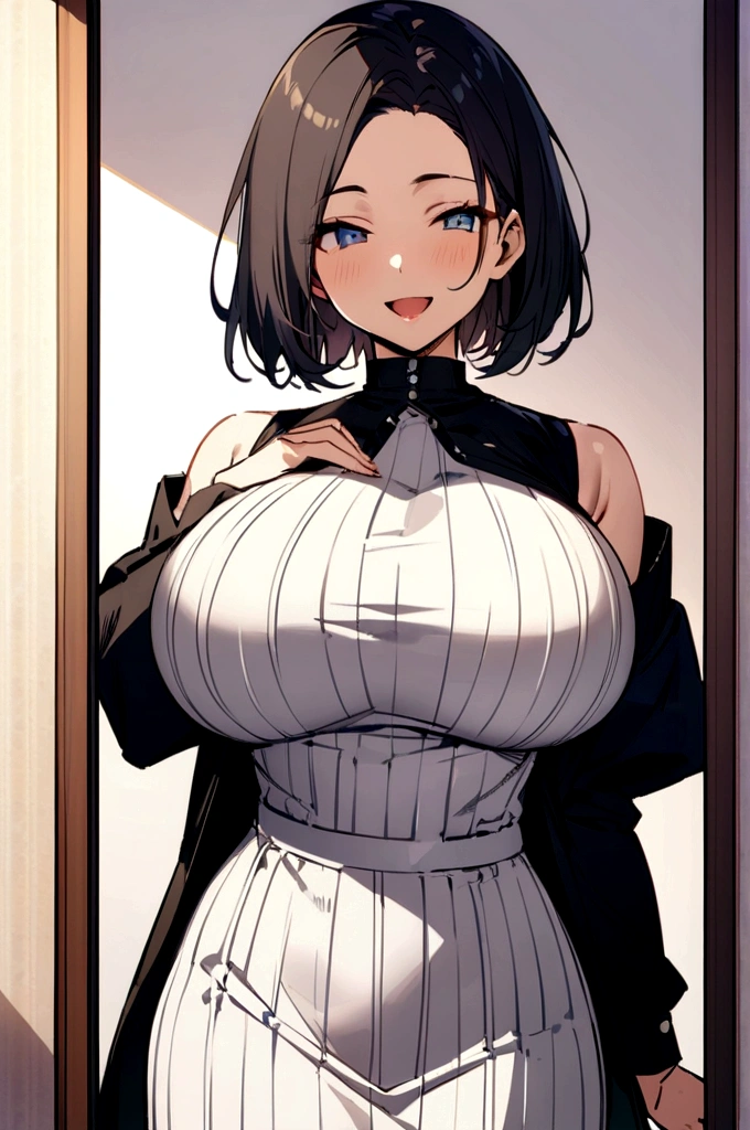 Highest quality, (masterpiece:1.2),
alone,Open your mouth、 smile,A 40-year-old Japanese woman with black hair、Handsome Short Hair、Mother、Part your bangs in the middle、The forehead is visible, (Huge breasts)
(white tight knit、Vertical sweater、Grey long skirt、Black suspenders)
Are standing, Looking at the audience,The whole body is visible、from the front