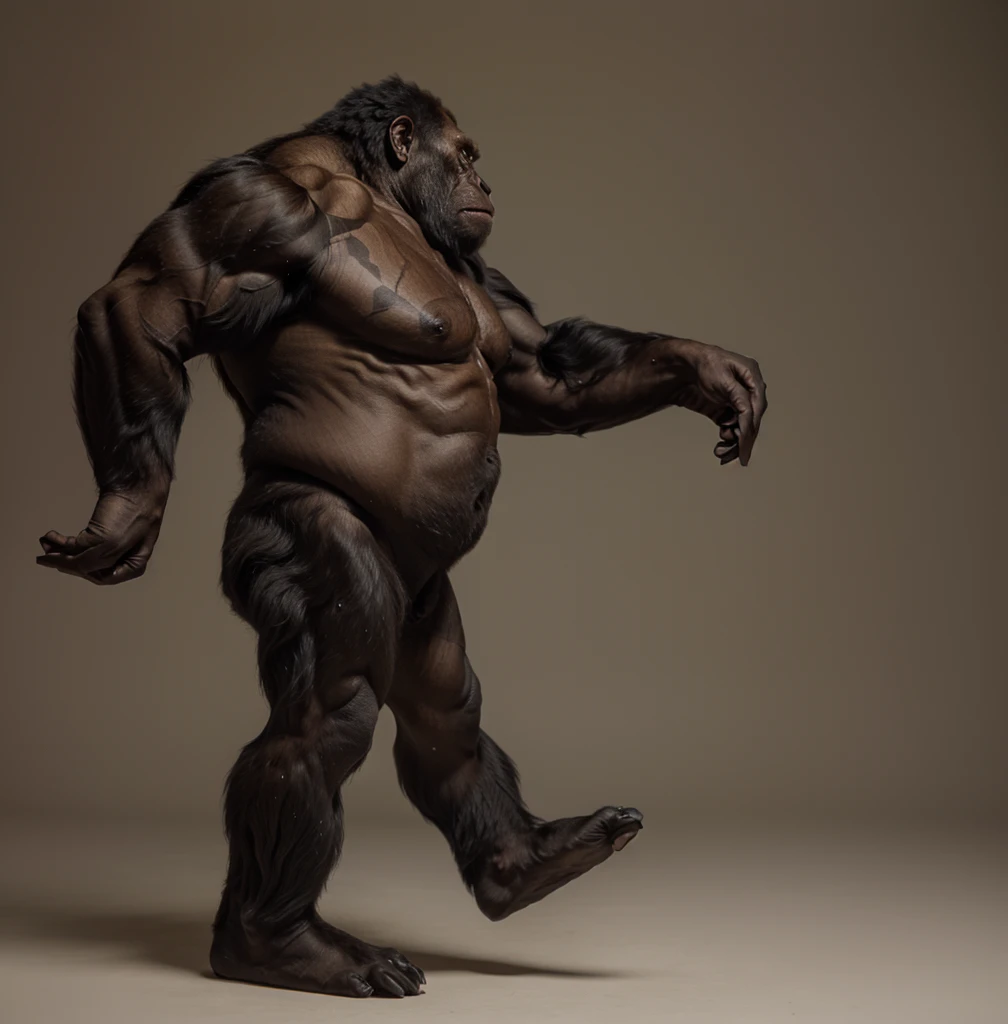 arafed gorilla standing on its hind legs with a white background, gorilla, distant full body view, bigfoot, big foot, full body wide shot, whole body highly detailed, like gorilla, sasquatch,muscular, strong body, full body profile, 1/2 view realistic, full body shot hyperdetailed, highly detailed full body, ( sasquatch, full body close-up shot
