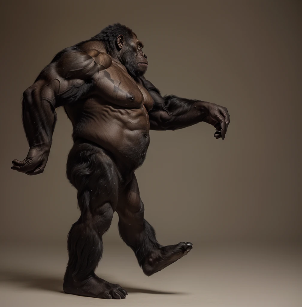 arafed gorilla standing on its hind legs with a white background, gorilla, distant full body view, bigfoot, big foot, full body wide shot, whole body highly detailed, like gorilla, sasquatch,muscular, strong body, full body profile, 1/2 view realistic, full body shot hyperdetailed, highly detailed full body, ( sasquatch, full body close-up shot
