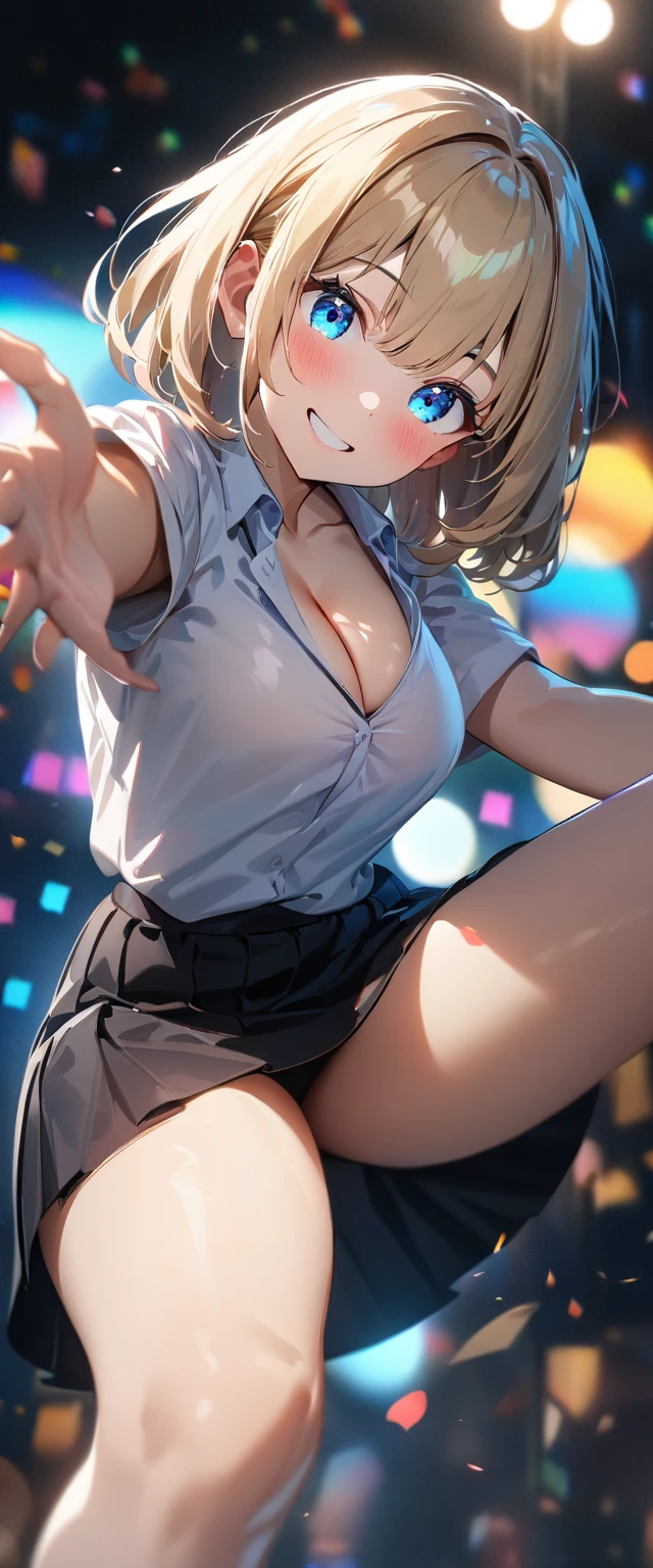 (((One girl))), blond hair, bob cut, (cowboy shot), (looking at viewer), face in focus, breasts, teenager, head tilt:1.3, (((blue eye))), ((happy smile)), ((blush)), school summer uniform, white shirts, ((black tie)), black skirt, dynamic pose, ((cleavage)), anime style, (best quality, 4k, 8k, highres, masterpiece:1.2, ultra-detailed, ultra-detailed eyes, HDR, UHD, studio lighting, ultra-fine painting, sharp focus, physically-based rendering, extreme detail description, professional, vivid colors, bokeh)