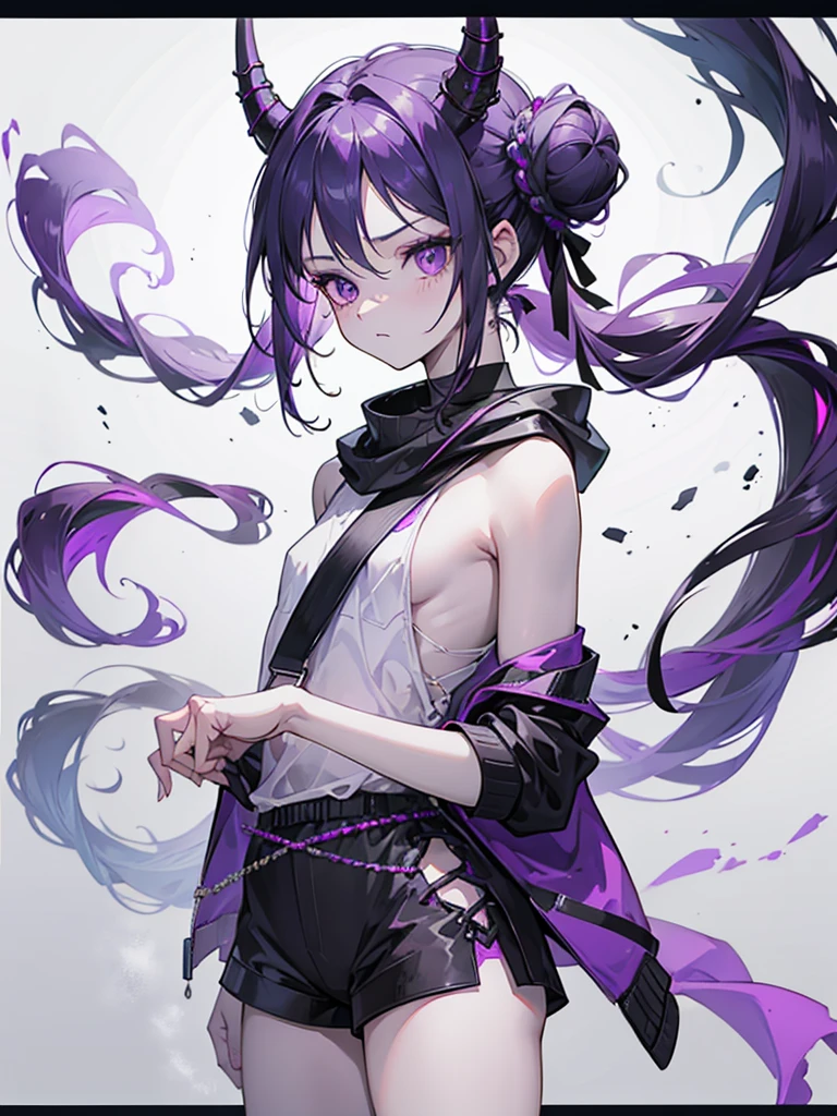 boy. thoughtful look. open forehead. black and purple hair tied in a bun on the left side to one side. sinuous black horns wrapped in dark purple ribbon. pale violet eyes. in short dark purple shorts. long white T-shirt. dark purple knee-high socks. dark_purple long coat with hood. древние dark_purple stone walls purple light from lamps on an old piano
