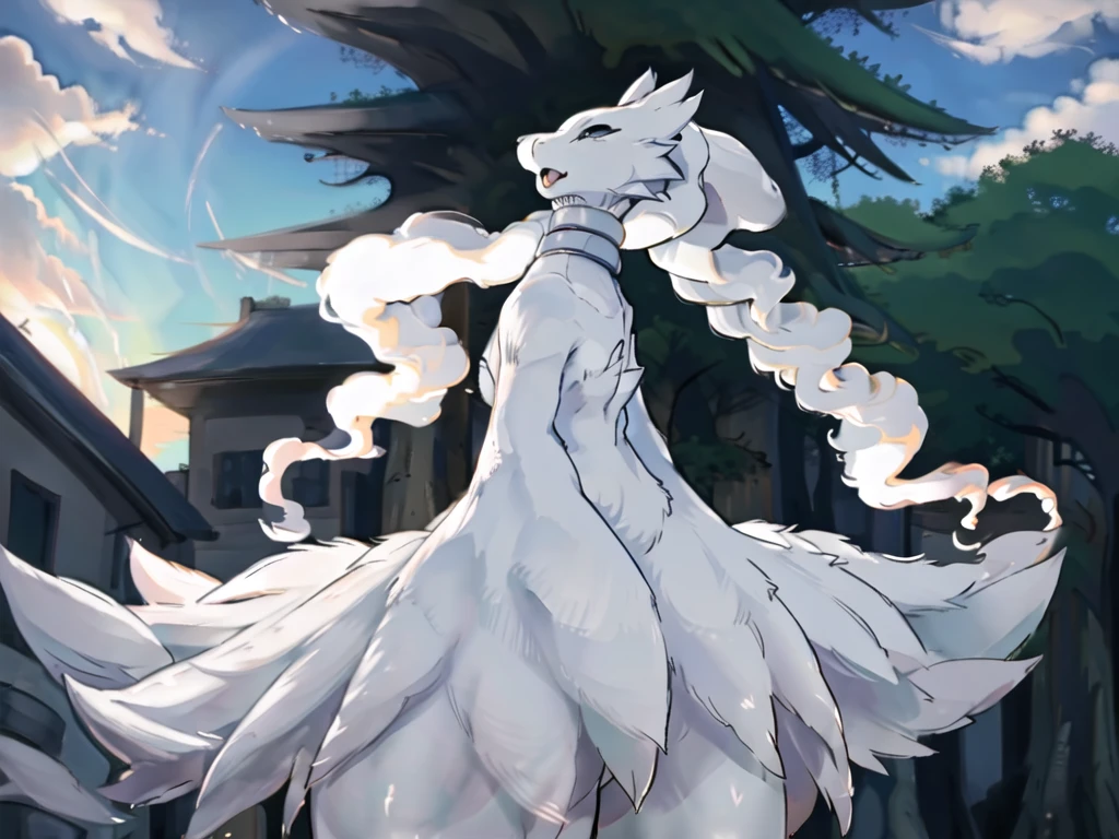 reshiram, anime, looking up, arms up, open mouth, tongue, full body, facing viewer, standing, sky, outdoors, forest, tree, bush