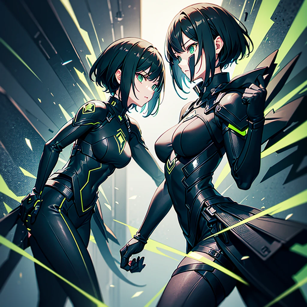 Black and green machina girl, large fists, thunder, short black hair, atomic core