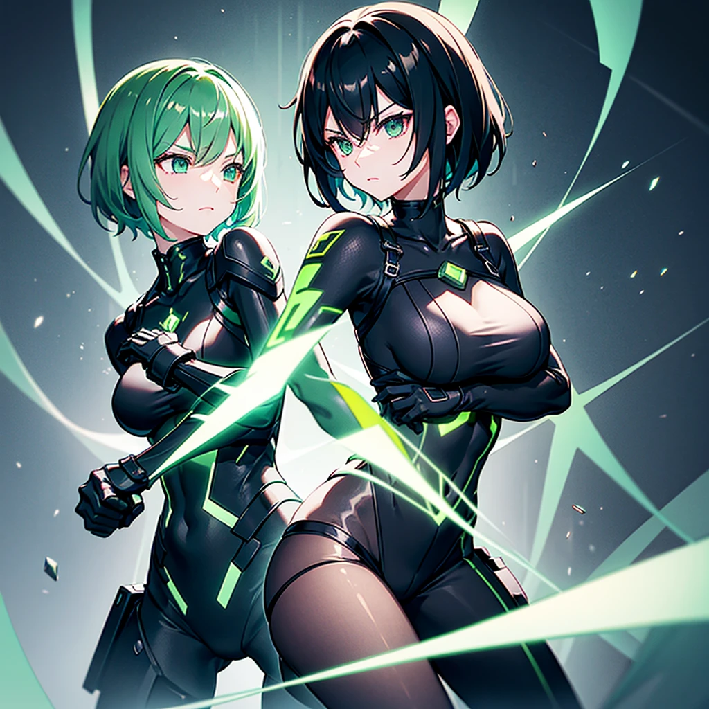Black and green machina girl, large fists, thunder, short black hair, atomic core