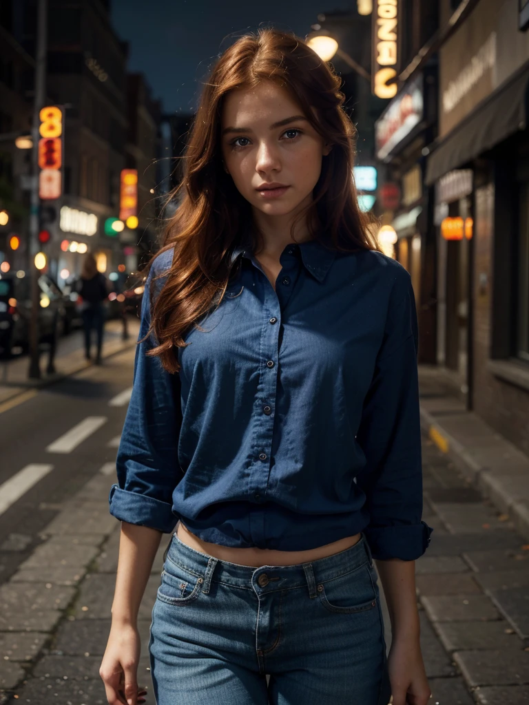 a redhead girl with long hair, walking down a night street, wearing a blue shirt and short jeans, beautiful detailed eyes, beautiful detailed lips, extremely detailed eyes and face, long eyelashes, beautiful soft lighting, wonderful soft lighting, photorealistic, 8k, highres, masterpiece, ultra-detailed, realistic, photo-realistic, HDR, UHD, studio lighting, ultra-fine painting, sharp focus, physically-based rendering, extreme detail description, professional, vivid colors, bokeh, portraits, detailed skin texture, glowing skin, warm colors, cinematic lighting, dramatic lighting, moody lighting
