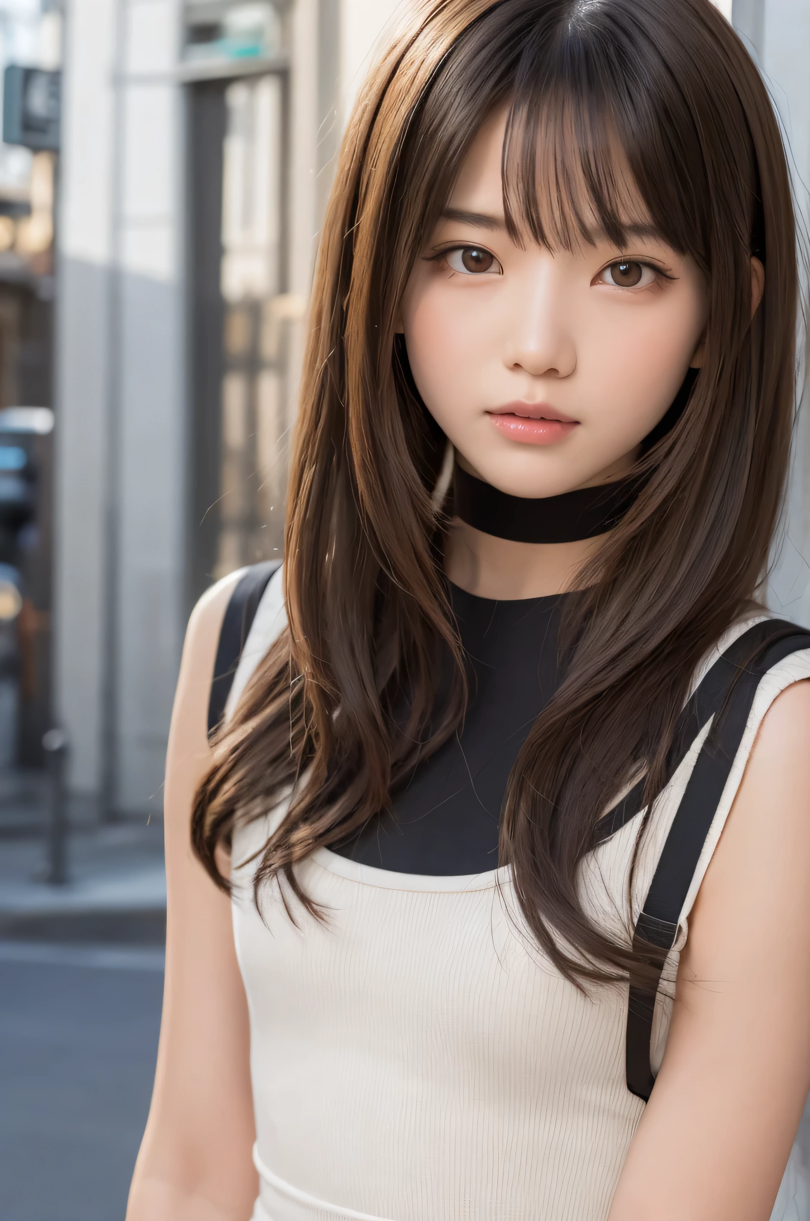 one girl, (a beauty girl, delicate girl:1.3), (12 years old:1.3), break, (Bodysuits:1.3), break, Very fine grain definition, (Symmetrical eyes:1.3), break, (Street view:1.3), break, Small breasts, Brown eyes, Parted bangs, Brown Hair, girl, break, (Eye and facial details:1.0), break, (masterpiece, Highest quality, Super detailed, Detailed face, 8K)