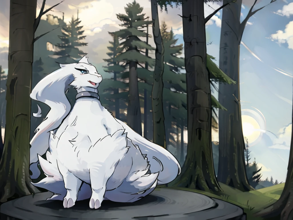 reshiram, anime, looking up, arms up, open mouth, tongue, full body, facing viewer, standing, sky, outdoors, forest, tree, bush