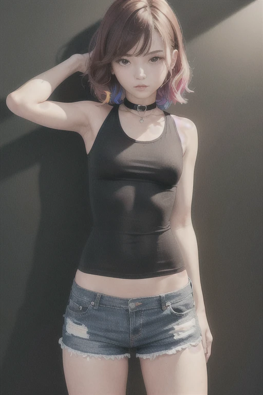 ((medium breast, tomboy girls, small head)),  (chiseled abs : 1.1), (perfect body : 1.1), (short wavy hair : 1.2) , auburn hair, collar, chain, full body shot, crowded street, wearing black tanktop, jeans jacket, ((shorts)), (extremely detailed CG 8k wallpaper), (an extremely delicate and beautiful), (masterpiece), (best quality:1.0), (ultra highres:1.0),  beautiful lighting ,perfect lightning, realistic shadows, [highres], detailed skin, ultra-detailed (((colorful)))