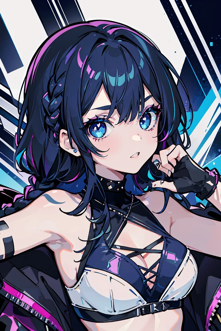 1 Girl, Punk Makeup, (hair ornaments),(Showing teeth),mischief, Punk Fashion,Swimwear, Rough poses, Colorful clothes, Black and blue hair, Braiding, Gentle expression, Beautiful expression, Sparkling Blue Eyes, (Hearts in eyes), Cold Background,18-year-old, Colorful Hair, Messy Hair, Romanticism, modern art, Impressionism, reflected light, 8K, masterpiece, Advanced Details, Highest quality,
